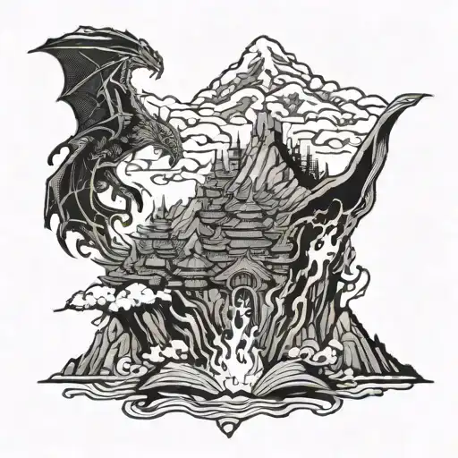 A Mountain That Looks Like Books Being Pierced By A Flaming Sword Surrounded By 4 Flying Dragons