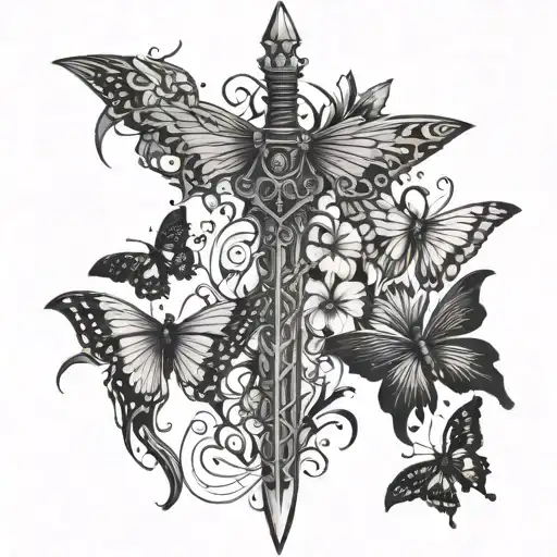 Sword Down Spine With Butterflies