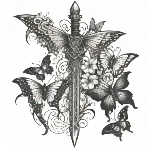 Sword Down Spine With Butterflies