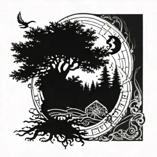 Life Of Tree With Small House Surrounded Runes Compass Under Flighting Phoenix