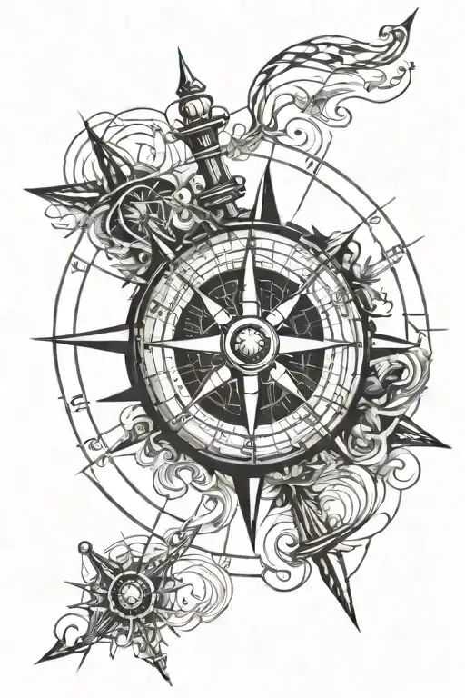Nautical Compass With Black Stripes And Strokes Without Patterns