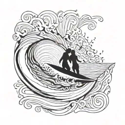 An Abstract Wave Pattern That Incorporates The Silhouette Of You And Your Sister Surfing Together