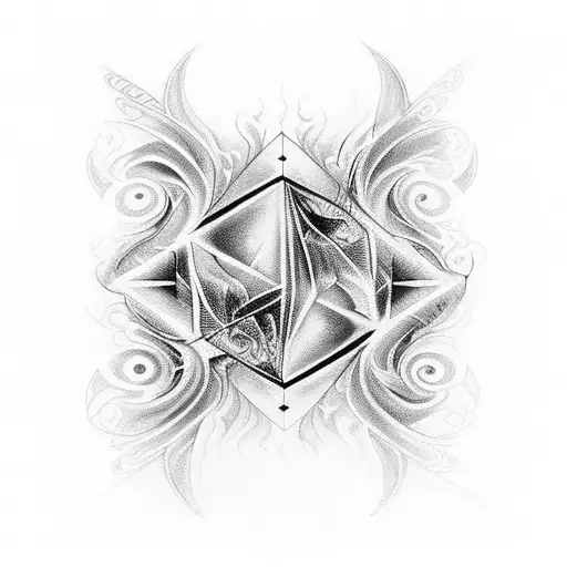 Geometric Design Covering My Calf Showing Fire Flames And Water Drops