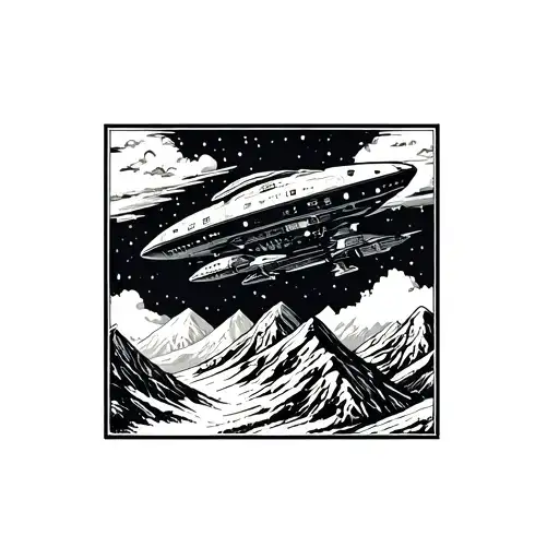 A Retro Video Game Inspired Tattoo Of An Alien Spaceship Flying Over A Mountain Range