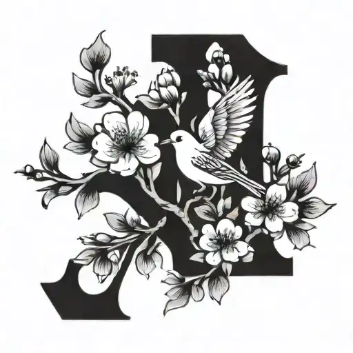 Cherry Blossom Bird Letter M