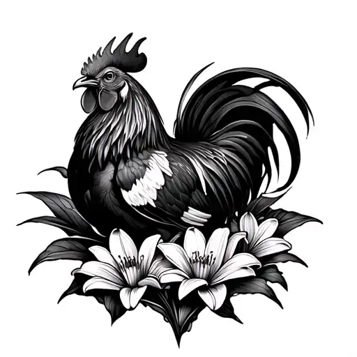 Rooster Laying In A Lily Flowers