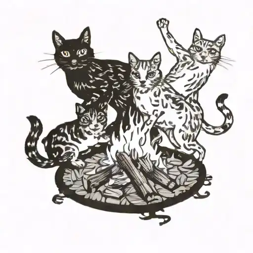 Three Cat And A Dog Dancing Around A Campfire