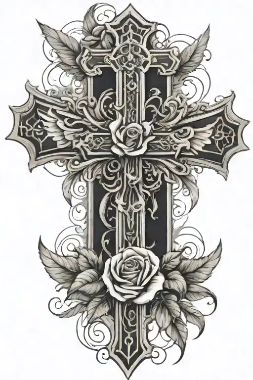 Big Cross Behind Open Wings And At The Top Of It Is A Single Rose