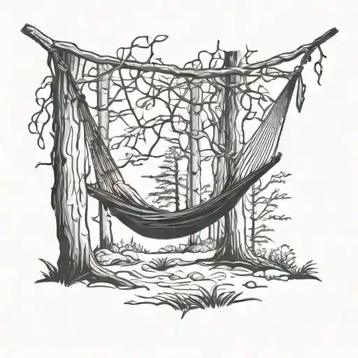 A Relaxing Scene Of A Hammock Between Two Trees In A Forest Setting