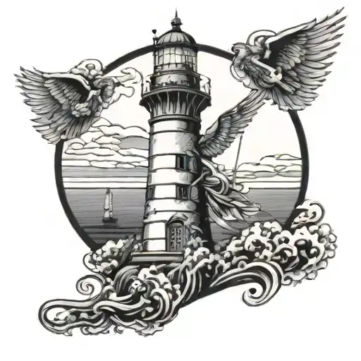 A Detailed Blackwork Tattoo Of A Lighthouse With An Archangel Flying