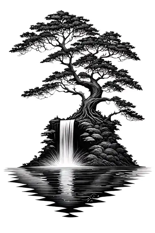 Tree Of Life With Water On A Floating Land With Waterfall In Front Flowing
