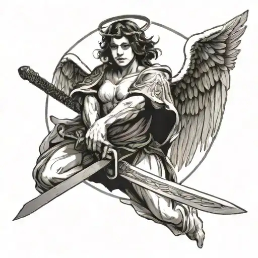 Angel Seen From The Front Holding A Sword With Both Hands