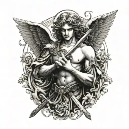 Angel Seen From The Front Holding A Sword With Both Hands