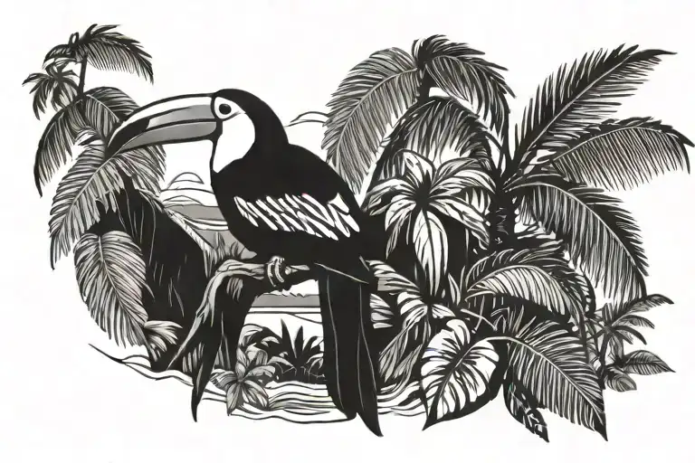 Toucan And Palm Tree Branch Beach Scene