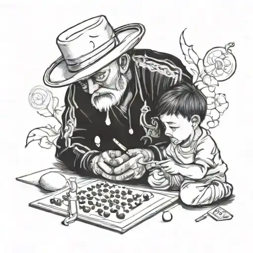 Grandfather Teaching How To Play With Marbles And Cards Mexican To His Grandson