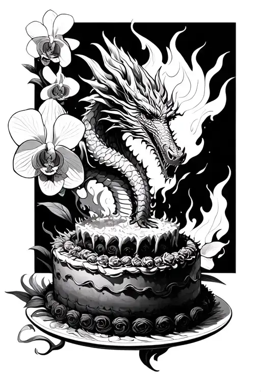 Dragon Breathing Fire Onto A Cake With Orchids