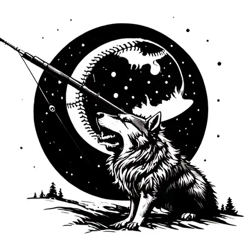A Wolf Howling At A Baseball Moon With A Fishing Rod In Its Mouth