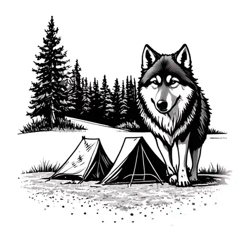 A Baseball Field Transformed Into A Serene Camping Site With A Wolf Roaming In The Outfield