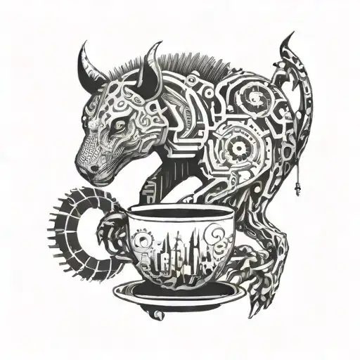 A Mechanical Animal Drinking Coffee In A Futuristic Landscape