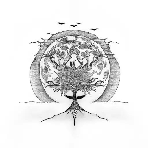 Tree Of Life And Full Moon With Wolf