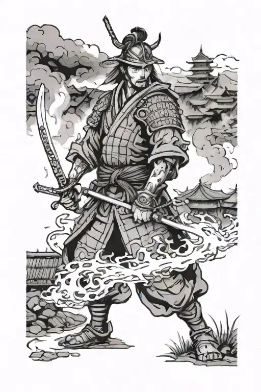 A Samurai Stands Against The Background Of A Burning Village After A Battle