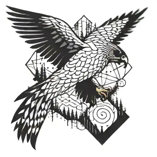 Incorporate Geometric Shapes Into A Design Of A Falcon Flying Over A Forest