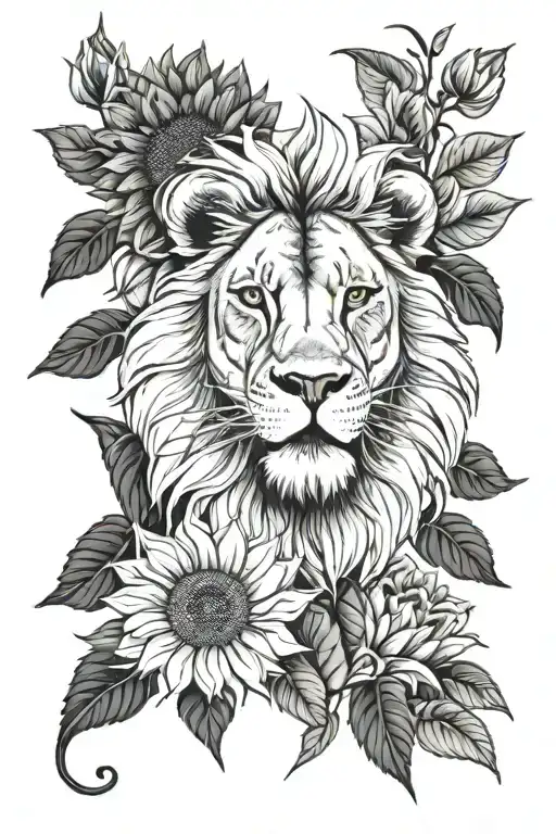 Lion And Sunflowers