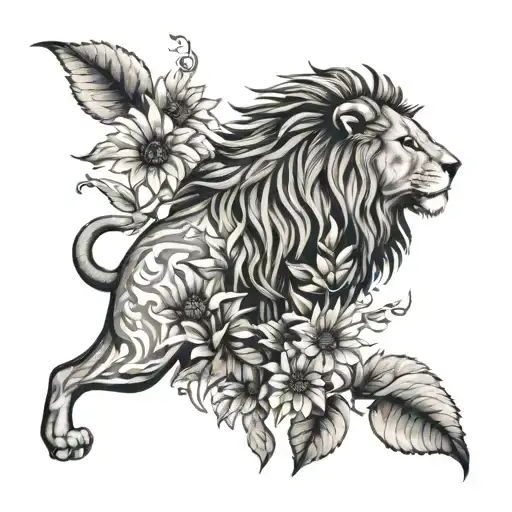 Lion Surrounded By Sunflowers Growing