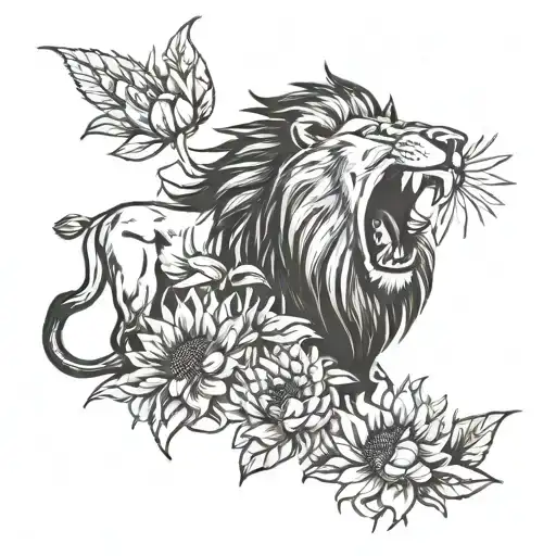 Lion Roaring Surrounded By Sunflowers