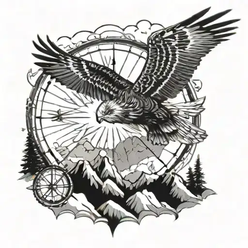 A Majestic Hawk Soaring Over A Mountain Range With A Compass Rose In The Background