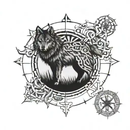 Combine A Vegvisir Symbol With A Wolf To Represent Protection And Guidance In Norse Mythology