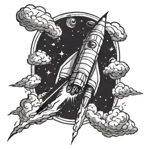 A Blackwork Tattoo Of A Rocket Ship Blasting Off Into Space