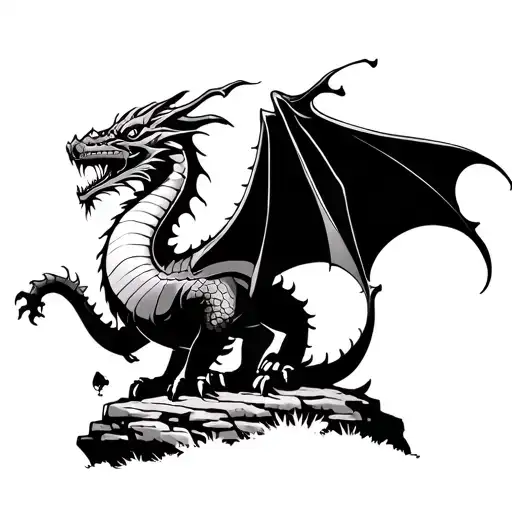 Dragon Standing On A Rock In A Valley Protecting Something