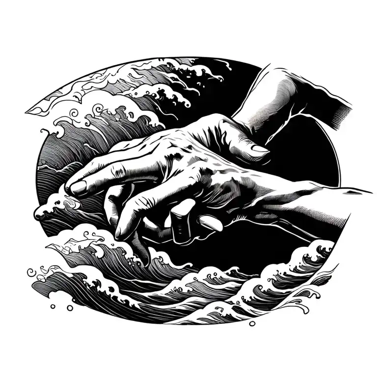 The Creation Of Adam Hands Pointing With Some Background Waves