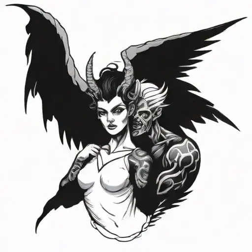 A Male Demon With Two Horns Holding An Female Angel