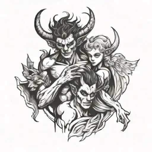 A Male Demon With Two Horns Holding An Female Angel