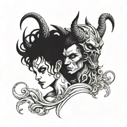 A Male Demon With Two Horns Holding An Female Angel