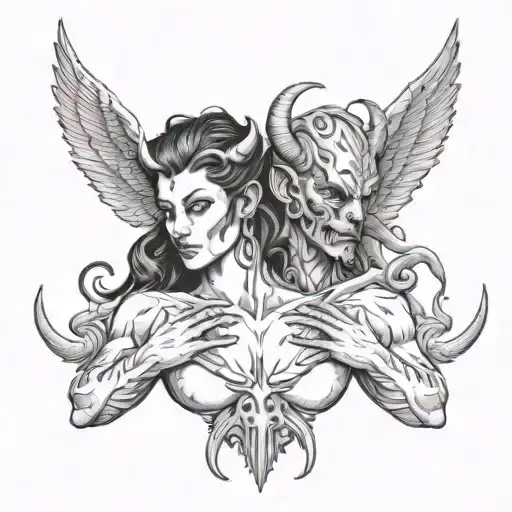 A Male Demon With Two Horns Holding An Female Angel