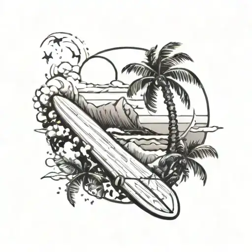 A Tattoo Design Combining Elements Of Skateboarding And Surfing In A Dreamy Beach Setting