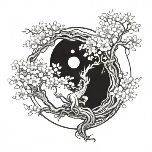 Cherry Blossom Tree With Moon And Dragon