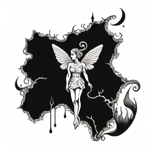 A Surreal Blackwork Piece Featuring A Tooth Fairy With A Dark Twist
