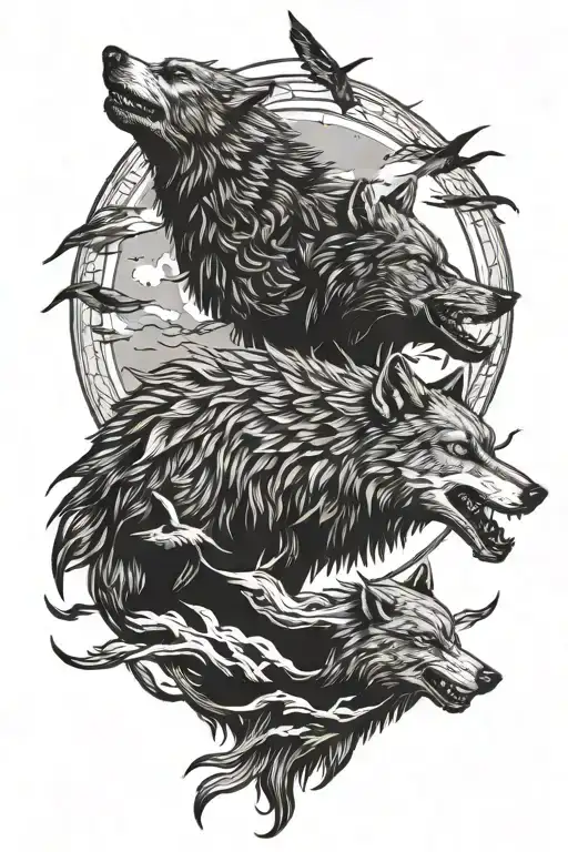 Wolf Chasing Sun Other Wolf Chasing Moon With Crow With One Blind Eye