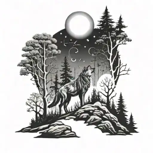 A Mystical Forest Scene With A Wolf Howling At The Moon