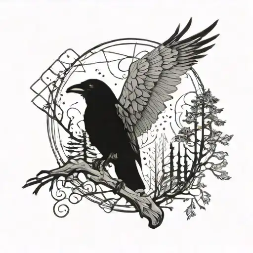 A Mystical Raven With A Forest And A Figure In Its Belly