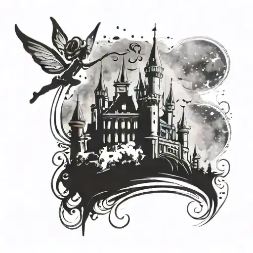 A Water Colour Silhouette Of Tinker Bell Sprinkling Pixie Dust Over A Magical Castle