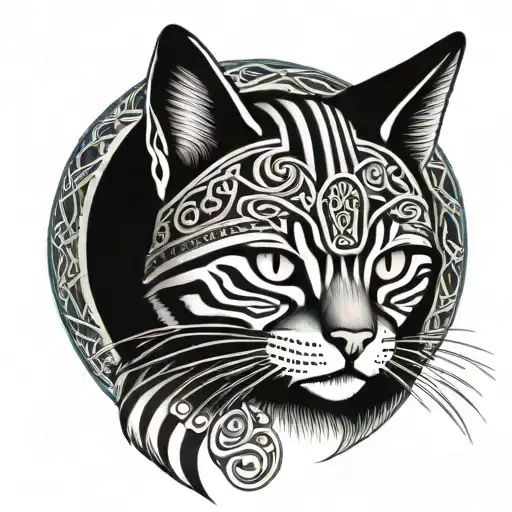 Striped Cat Looking Forward Wearing A Nordic Helmet With Celtic Decoration