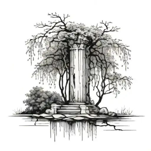 Ruined Column And A Willow Tree Next To It