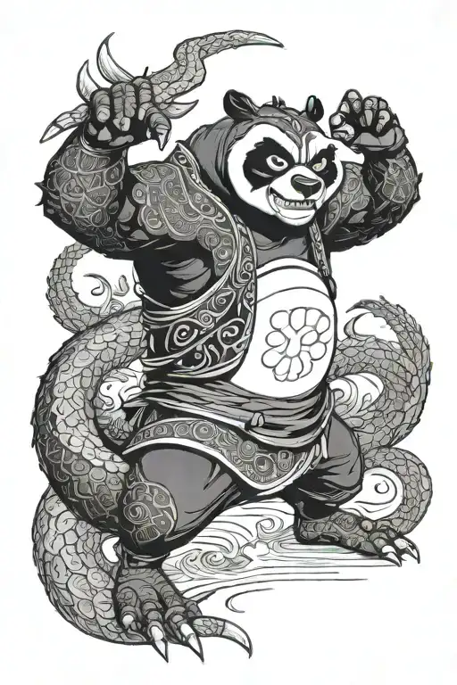 Kung Fu Panda Po With A Evil Touch And Dragon Behind Him