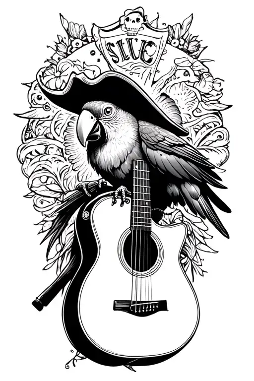 Parrot Pirate Hat Perched On Guitar