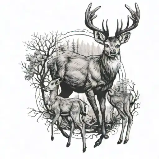 A Deer Surrounded By Two Fawns